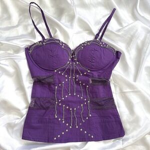 Lydia Purple Studded Chain Bustier Top Mesh Panels Gothic Punk Camisole Small